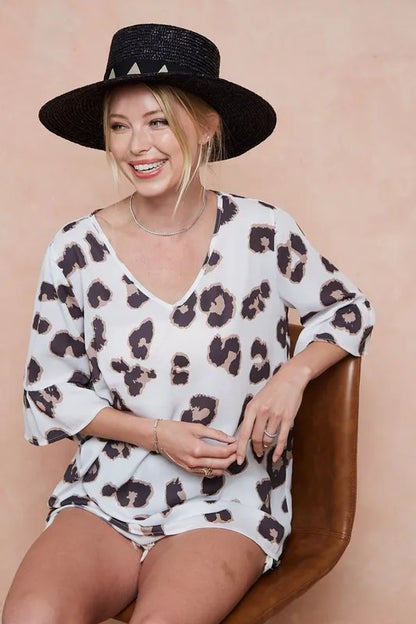 BiBi Leopard Printed V Neck Woven Top with Ruffled - Tigbul's Variety Fashion Shop
