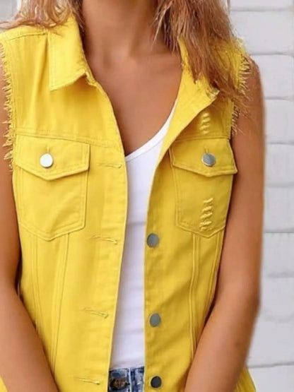 Full Size Sleeveless Frayed Denim Vest Jacket Plus Size - Tigbul's Variety Fashion Shop