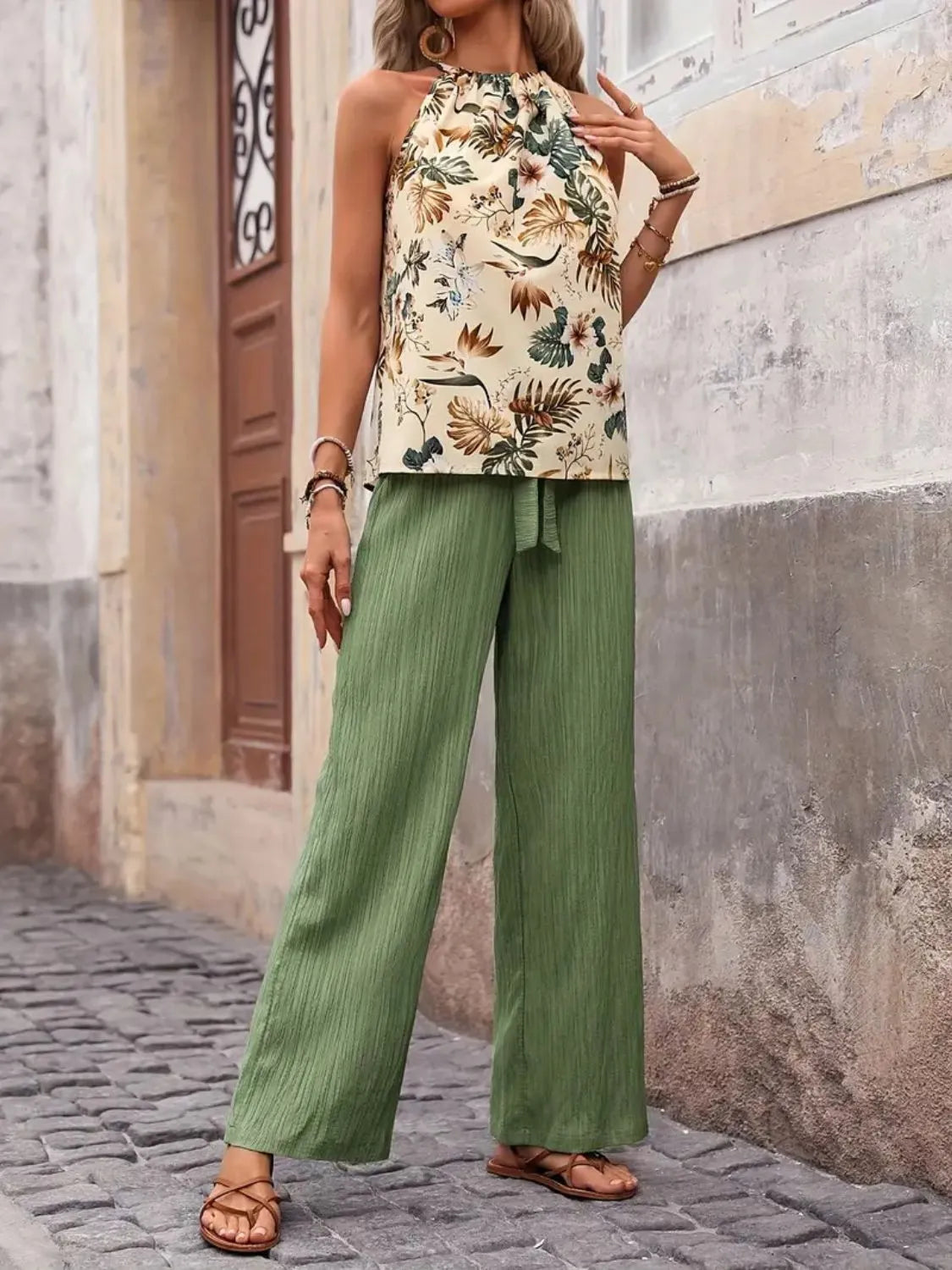 Printed Tank Top and Wide Leg Pants Set - Tigbul's Variety Fashion Shop