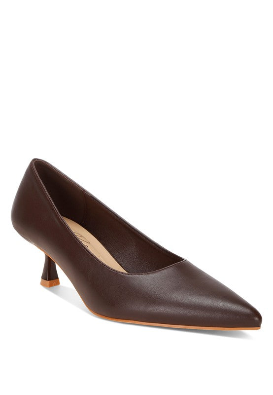 Brown pointed-toe pump heel with low cut vamp and slender stiletto heel