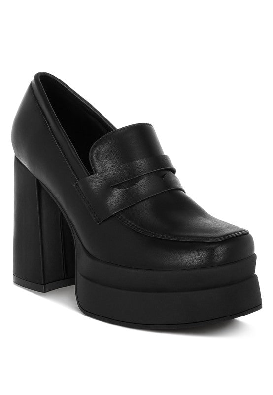 Black penny strap heeled loafers with chunky platform block heel and square toe