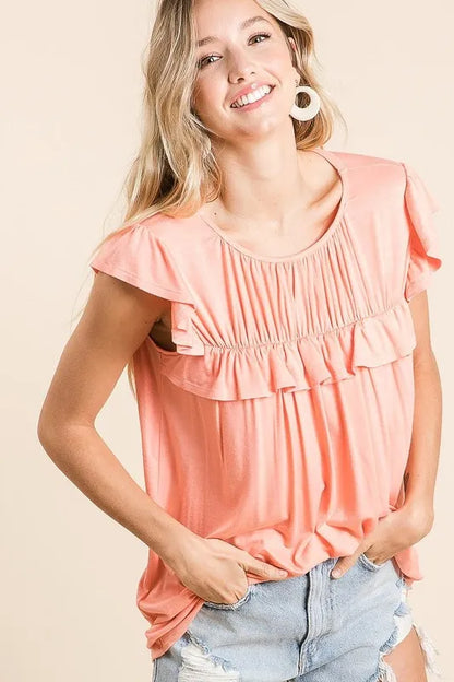 Jersey Knit Gathered Top with Ruffles - Tigbul's Variety Fashion Shop