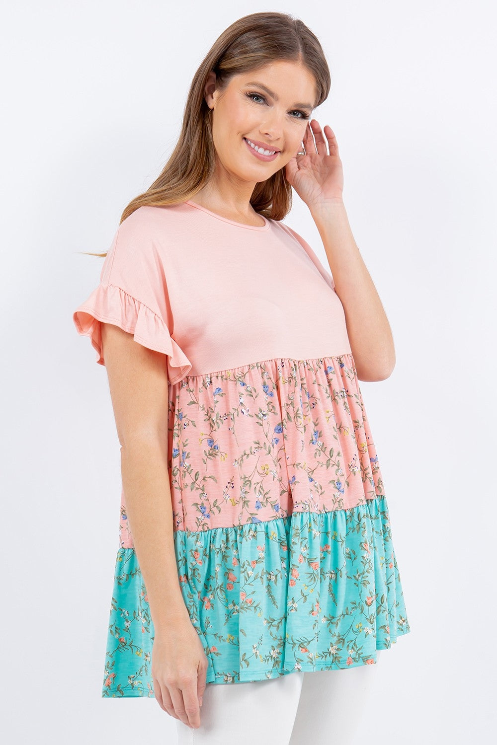 Celeste Full Size Floral Color Block Ruffled Short Sleeve Top - Tigbuls Variety Fashion