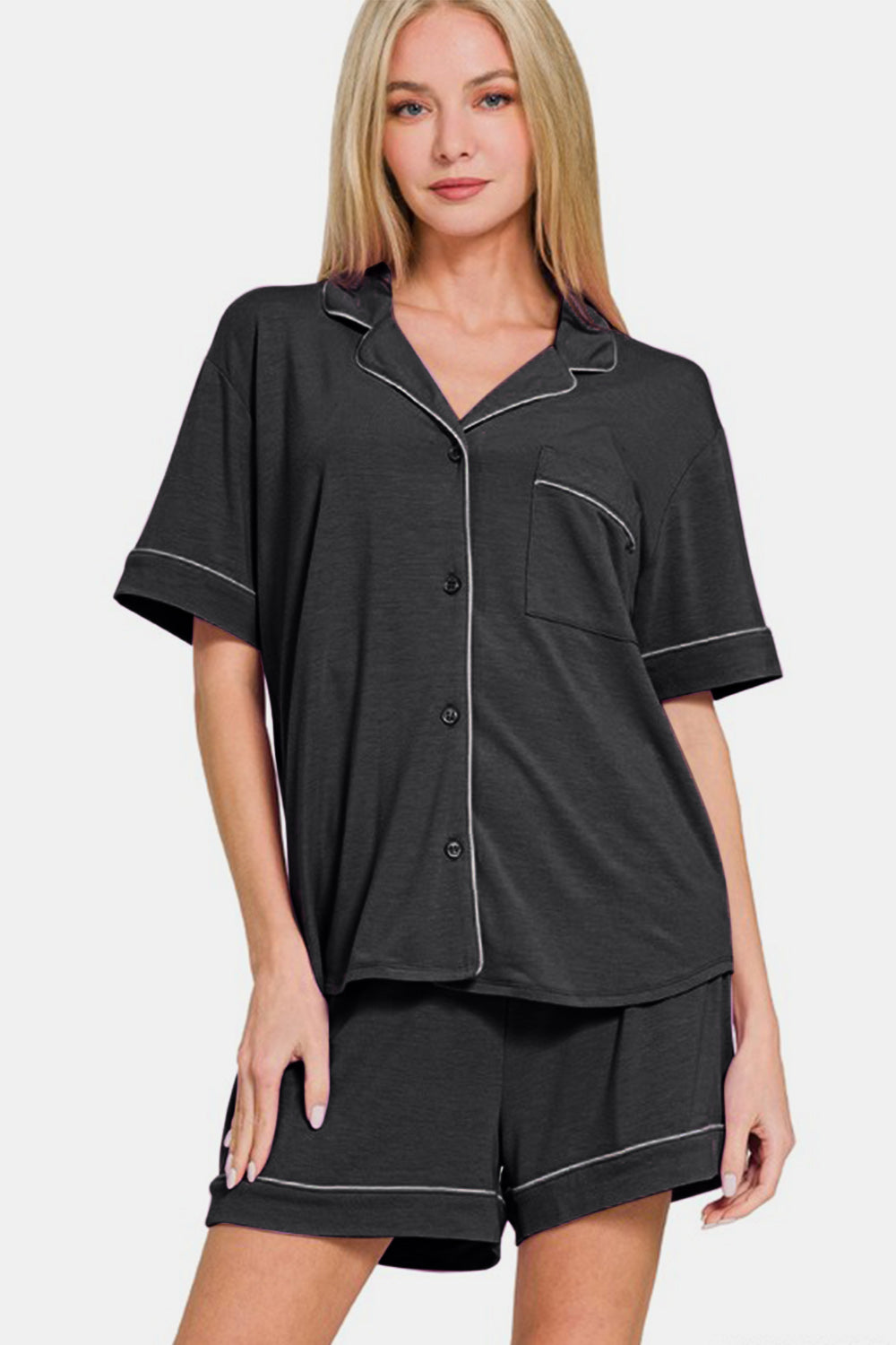 Zenana Button Down Short Sleeve Top and Shorts Lounge Set - Tigbul's Variety Fashion Shop