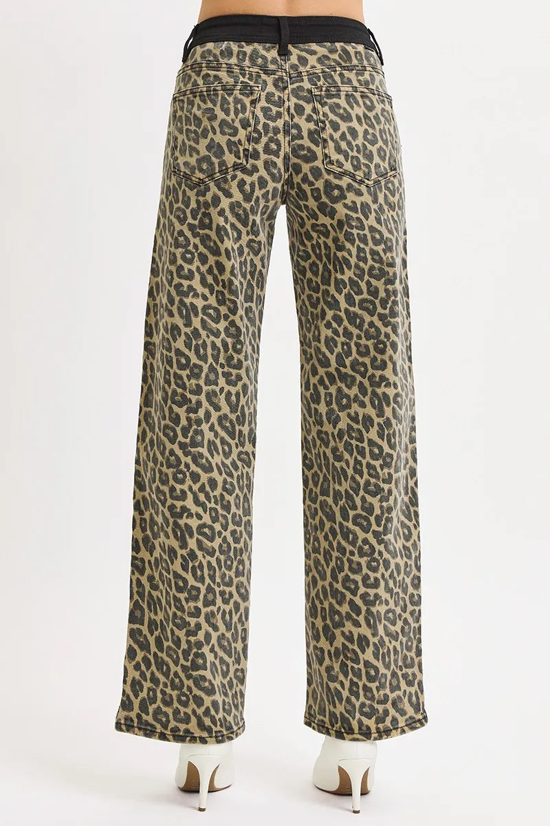RISEN High Rise Wide Leg Leopard Printed Jeans with Contrast Waist Band Detail - Tigbul's Variety Fashion Shop