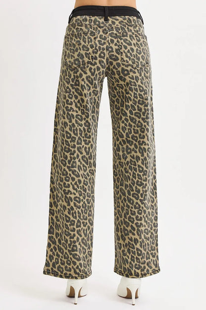 RISEN High Rise Wide Leg Leopard Printed Jeans with Contrast Waist Band Detail - Tigbul's Variety Fashion Shop