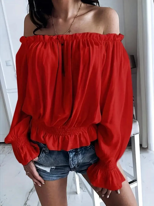 Off-Shoulder Flounce Sleeve Blouse - Tigbul's Variety Fashion Shop