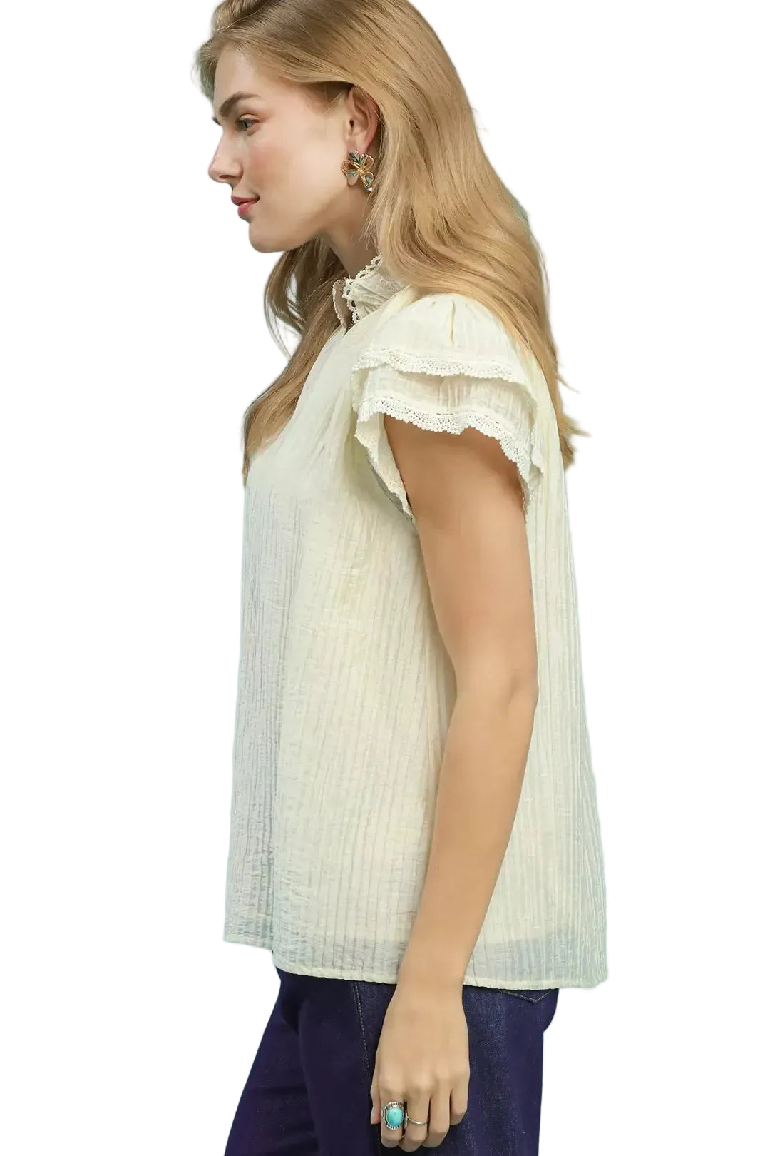 Cream lace-trim ruffle sleeve V-neck blouse, side view