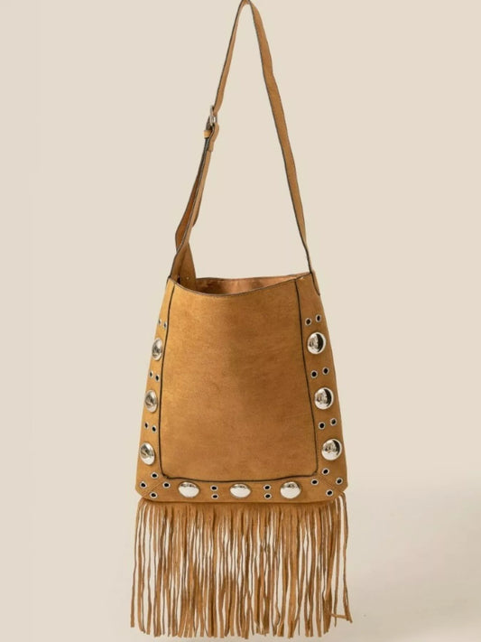 Fame Faux Suede Grommet Accent Fringe Tote Bag - Tigbul's Variety Fashion Shop