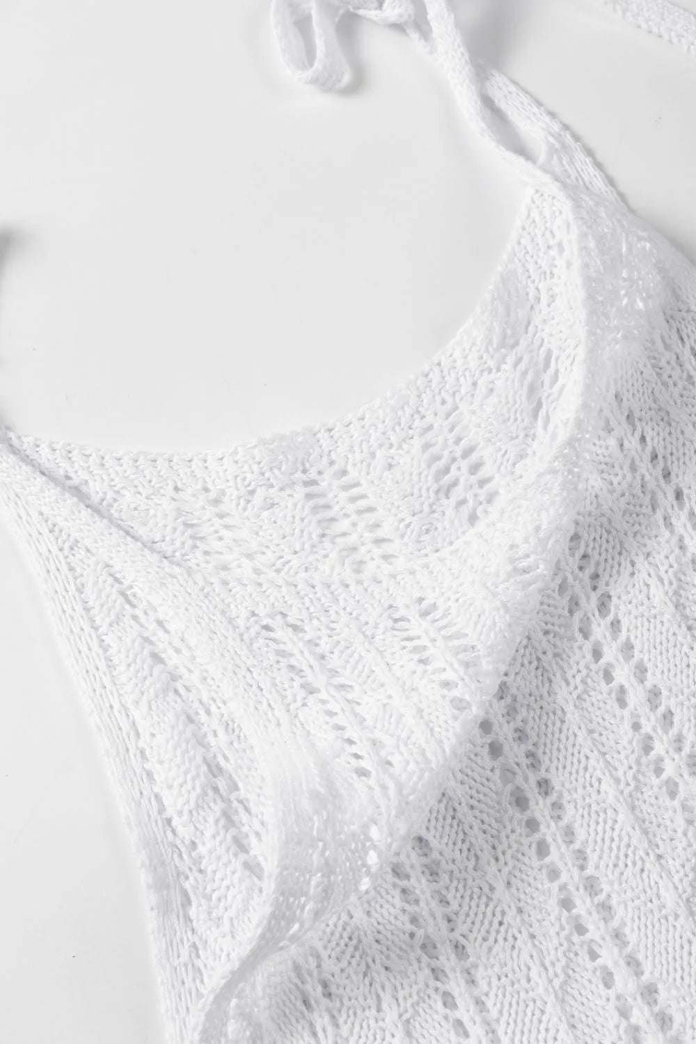 Tie Straps Wave Textured Eyelet White Knitted Vest - Tigbul's Variety Fashion Shop
