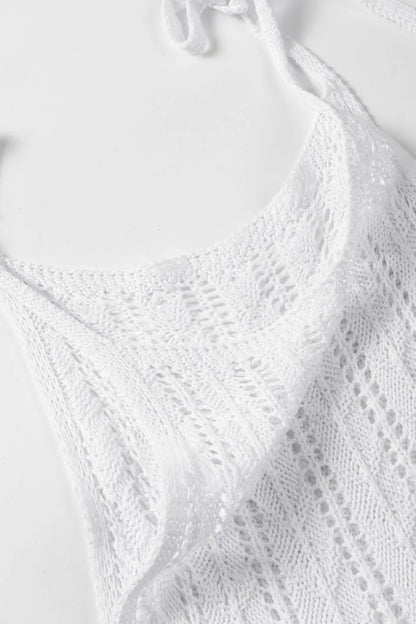 Tie Straps Wave Textured Eyelet White Knitted Vest - Tigbul's Variety Fashion Shop