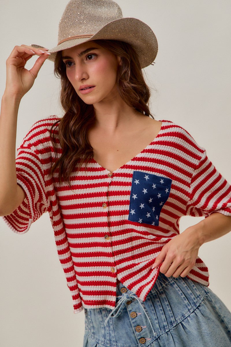 Striped waffle-knit cardigan top with V-neck and blue star patch pocket on front