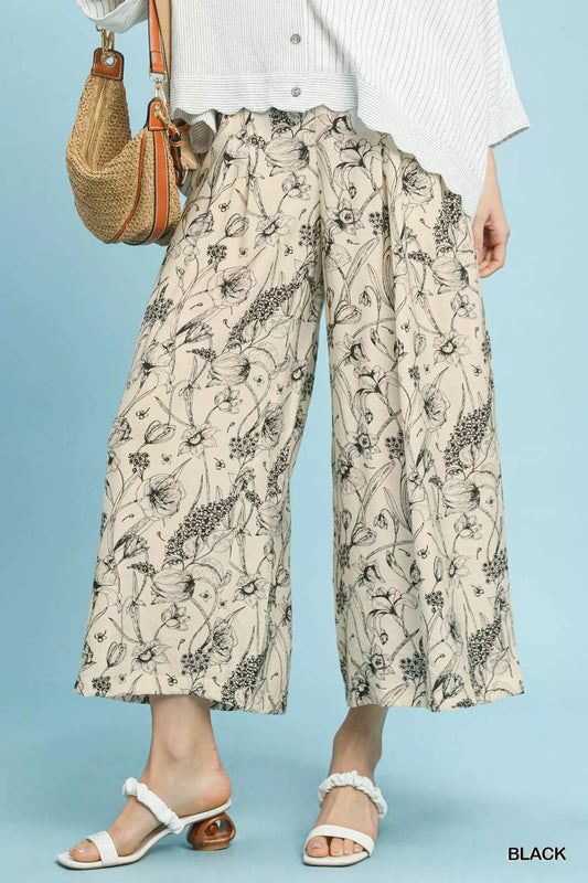 Umgee Two Tone Floral Print Pants - Tigbul's Variety Fashion Shop