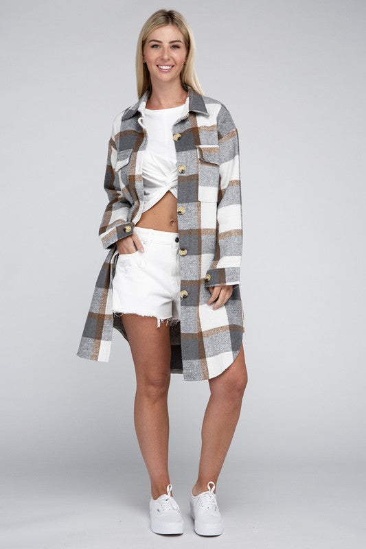 Plaid Flap Pocket Drop Shoulder Shirt - Tigbul's Variety Fashion Shop