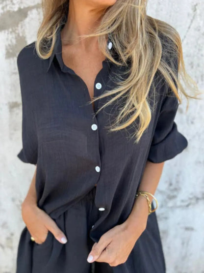 Pocketed Collared Neck Shirt and Shorts Set - Tigbul's Variety Fashion Shop