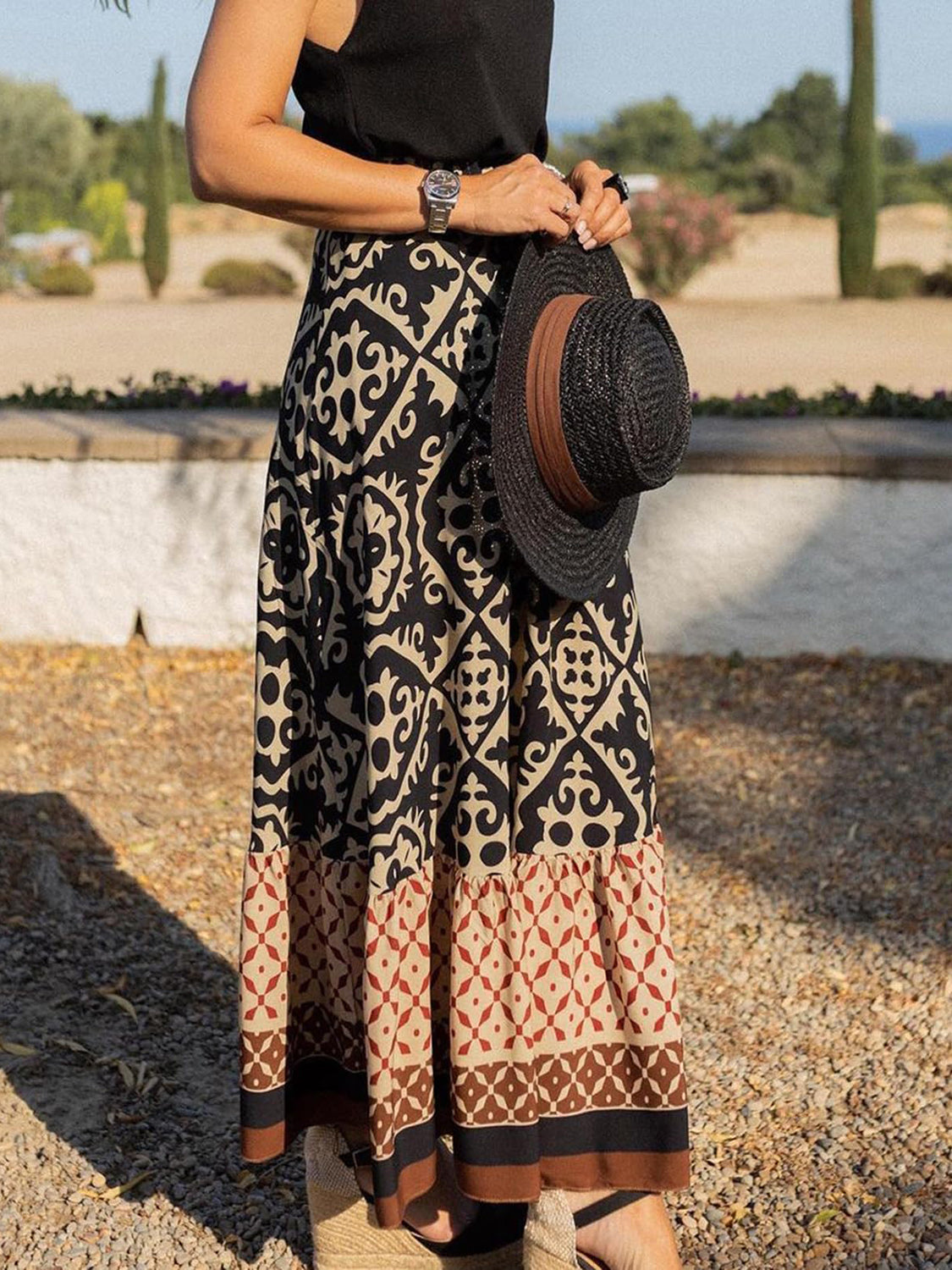 Geometric Elastic Waist Maxi Skirt - Tigbul's Variety Fashion Shop