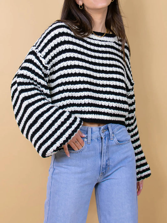 Oversized Striped Drop Shoulder Sweater - Tigbul's Variety Fashion Shop