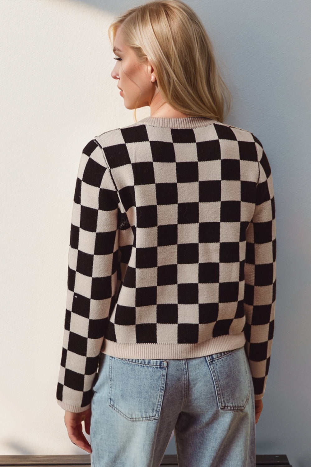 Double Take Full Size Checkered Tie Front Long Sleeve Cardigan - Tigbul's Variety Fashion Shop