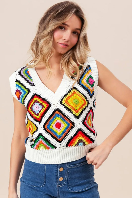 BiBi Diamond Granny Square Sweater Vest - Tigbul's Variety Fashion Shop
