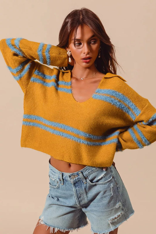 SO ME Fuzzy Hairy Stripe Deep U Neck Swetaer - Tigbul's Variety Fashion Shop