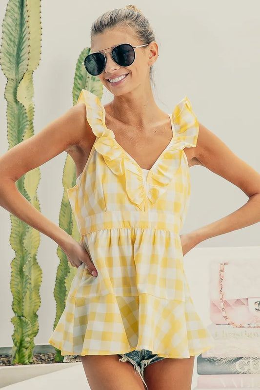 Ruffled Neckline Sleeveless Check Plaid Peplum Top - Tigbul's Variety Fashion Shop
