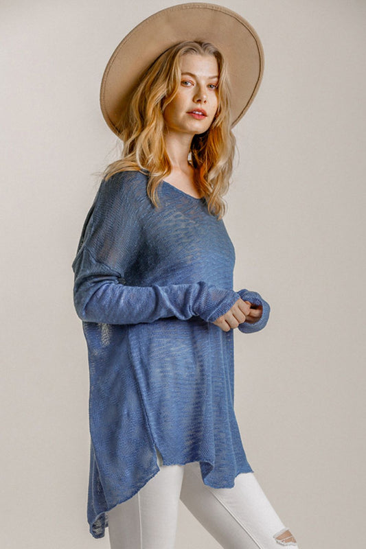 Umgee Full Size Dip Dye Loose Knit Side Slit Knit Top Plus Size - Tigbul's Variety Fashion Shop