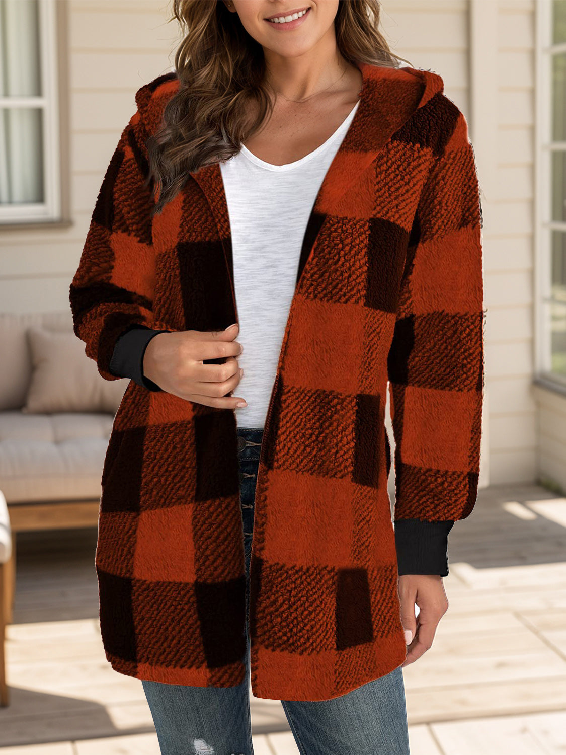 Plaid Long Sleeve Hooded Coat - Tigbul's Variety Fashion Shop