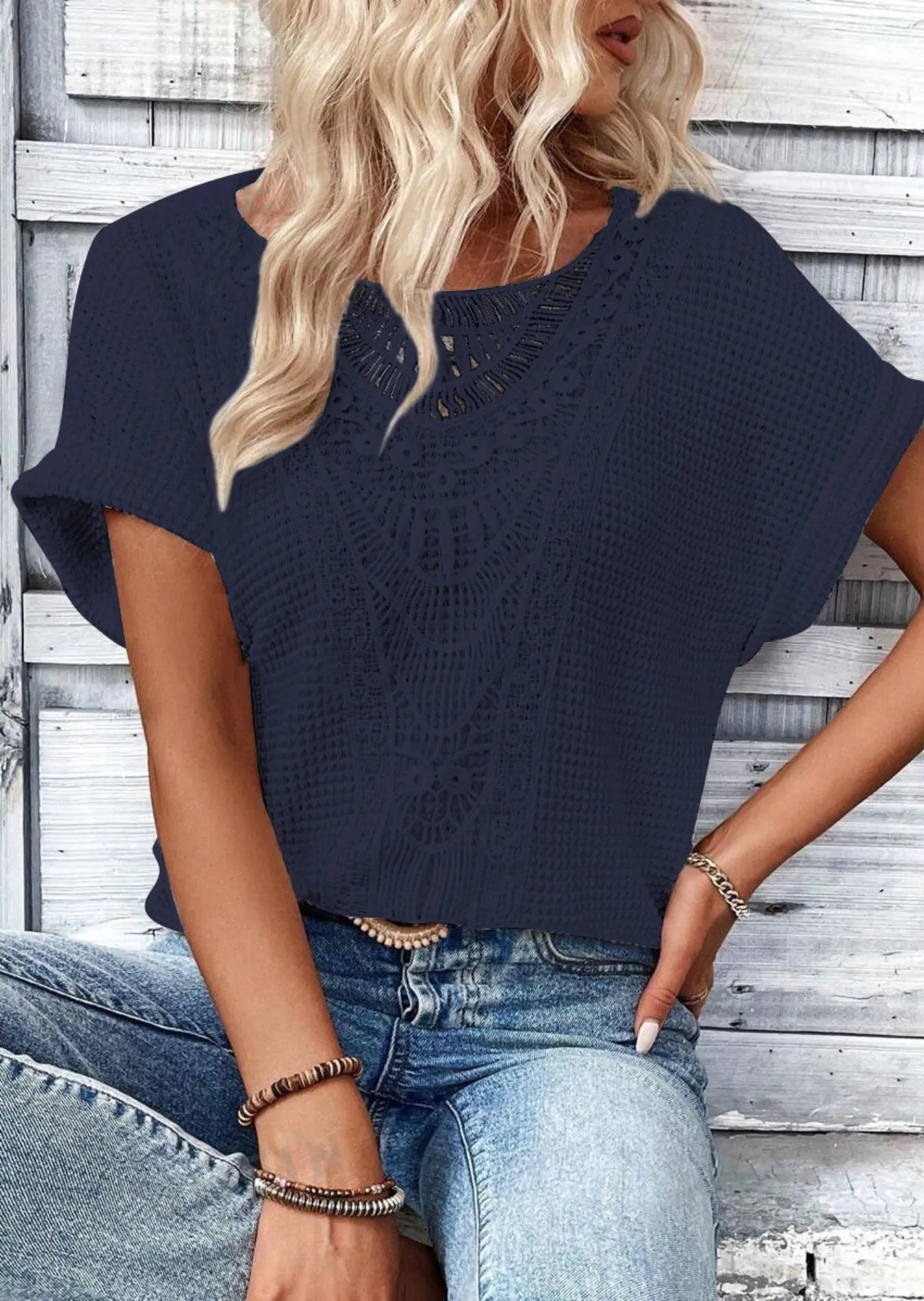 Crochet Lace Short Sleeve Casual T-Shirt - Tigbul's Variety Fashion Shop