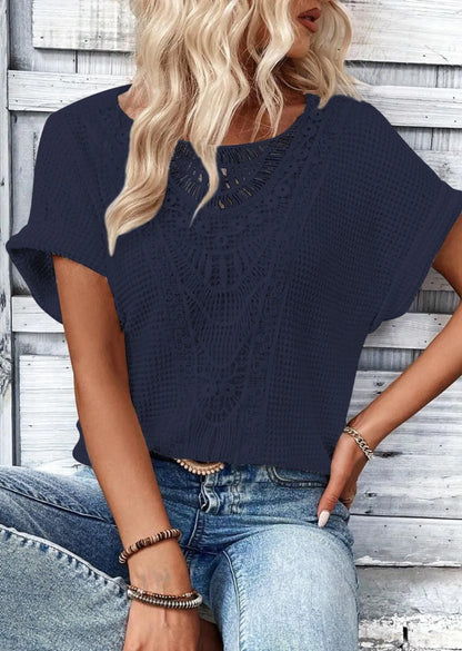 Crochet Lace Short Sleeve Casual T-Shirt - Tigbul's Variety Fashion Shop
