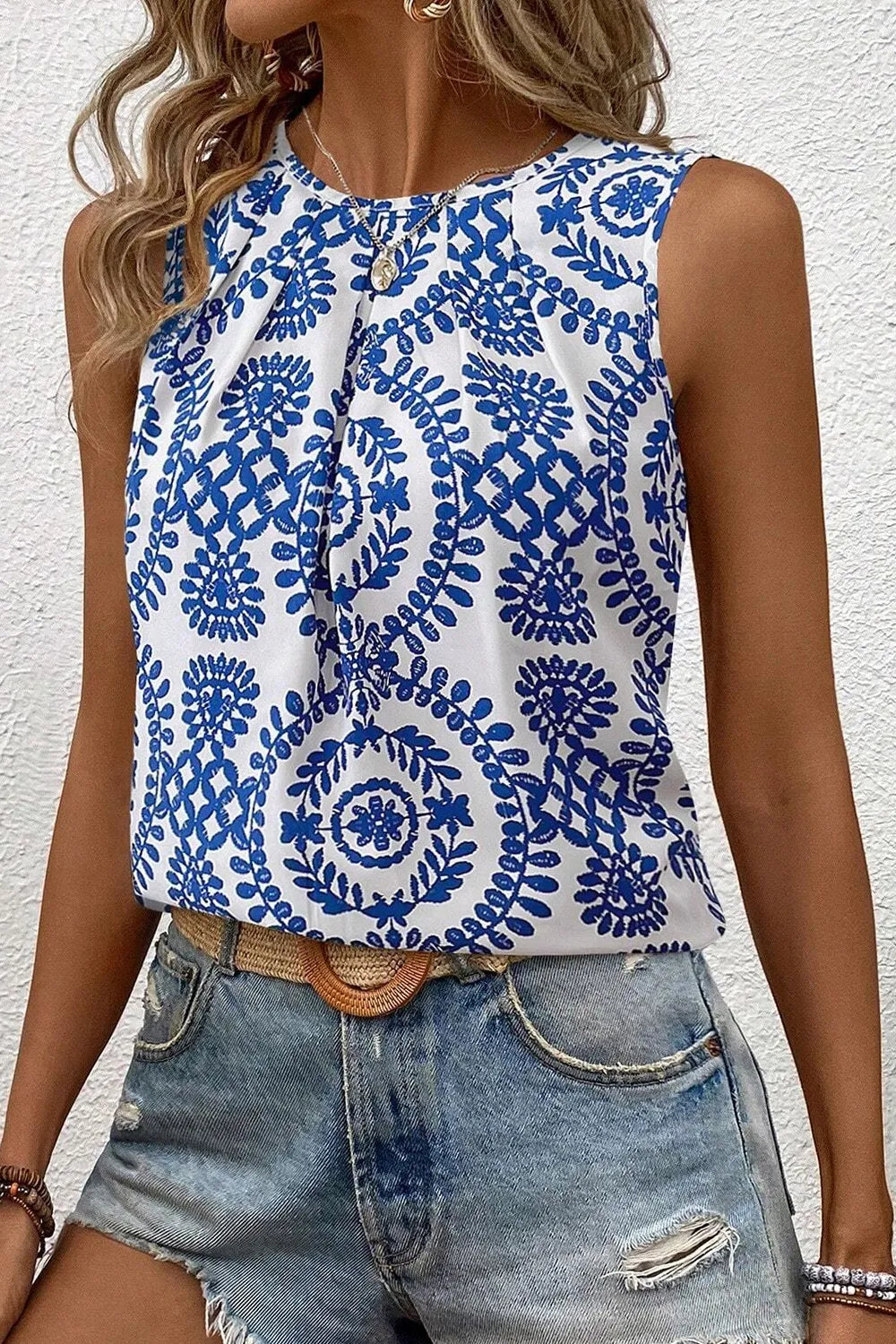 Printed Crew Neck Sleeveless Top - Tigbul's Variety Fashion Shop