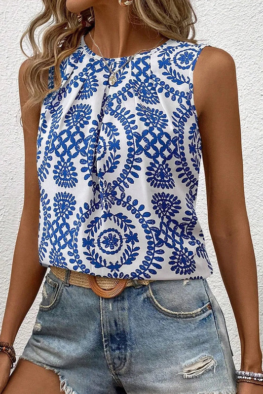 Printed Crew Neck Sleeveless Top - Tigbul's Variety Fashion Shop
