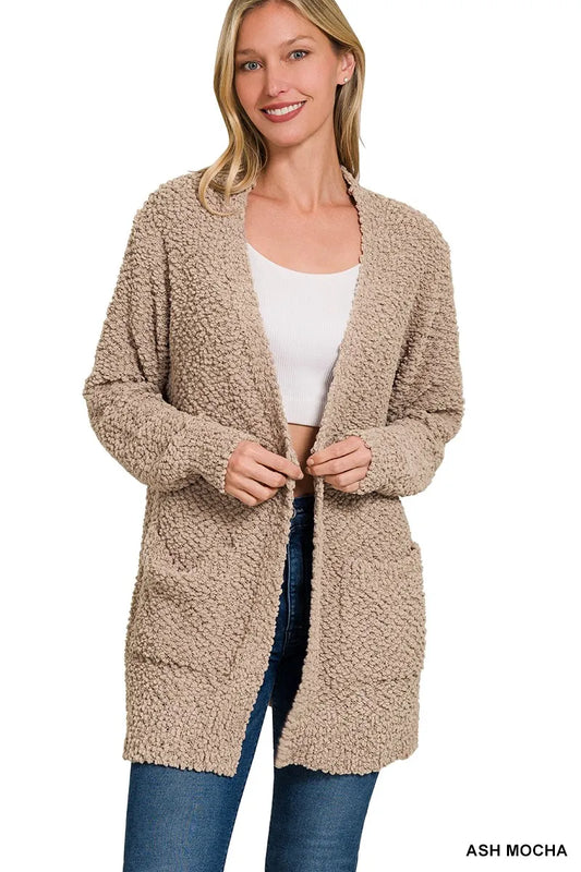 Zenana Long Sleeve Popcorn Sweater Cardigan with Pockets - Tigbul's Variety Fashion Shop