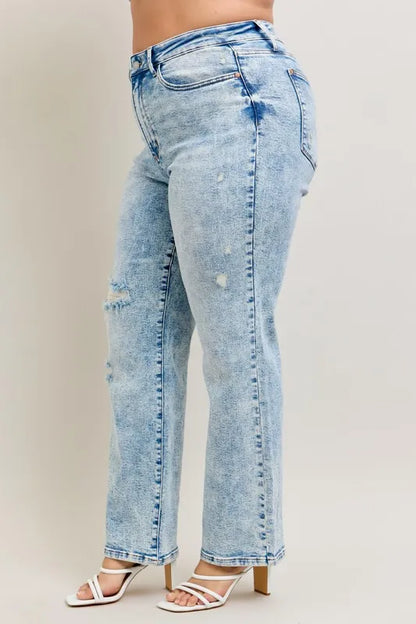 Judy Blue High Waist Mineral Wash Distressed 90's Straight Jeans - Tigbul's Variety Fashion Shop