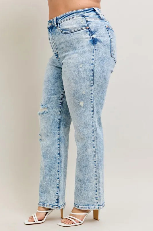 Judy Blue High Waist Mineral Wash Distressed 90's Straight Jeans - Tigbul's Variety Fashion Shop