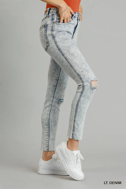 Umgee 5-Pockets Distressed Detail Stretch Denim Skinny Jeans with Unfinished Hem - Tigbul's Variety Fashion Shop