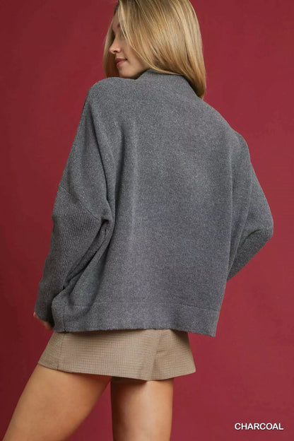 Umgee V-Neck Sweater with Wide Trim Detail - Tigbul's Variety Fashion Shop