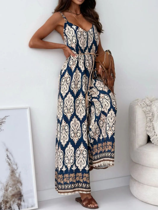 Paisley Print Spaghetti Strap Wide Leg Jumpsuit - Tigbul's Variety Fashion Shop