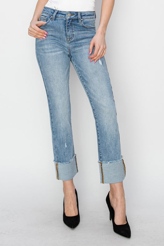 RISEN Full Size High Rise Cuffed Slim Straight Jeans - Tigbul's Variety Fashion Shop