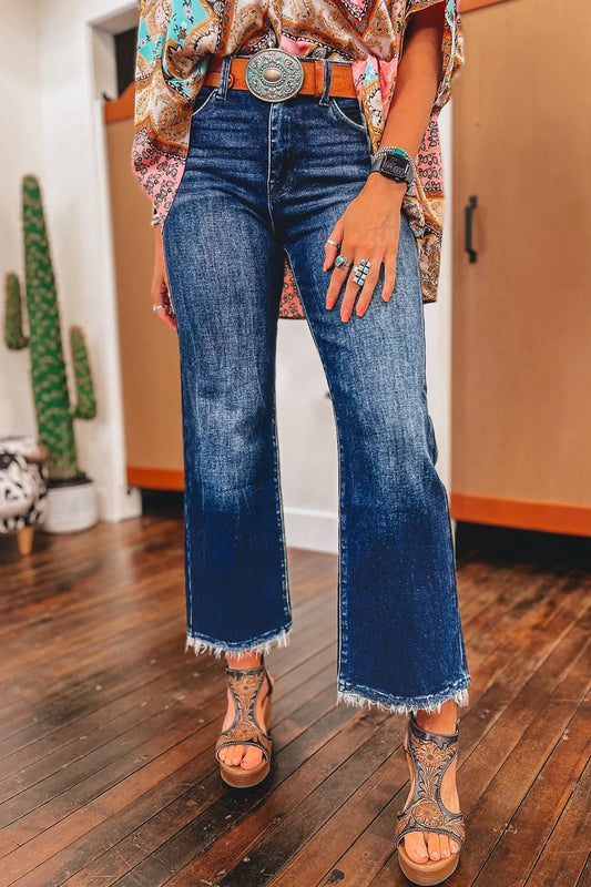 Mineral Wash Raw Hem High Waist Flared Jeans - Tigbul's Variety Fashion Shop