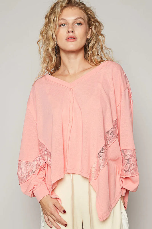 POL V-Neck Long Sleeve T-Shirt with Lace Detail - Tigbul's Variety Fashion Shop