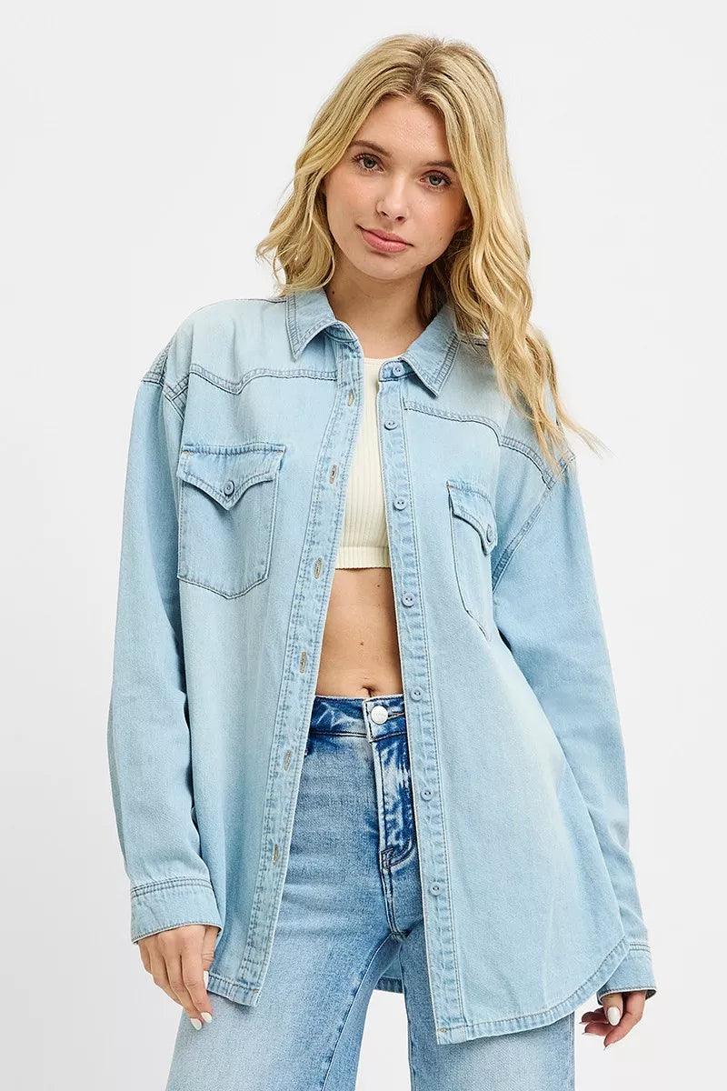 Light blue denim western yoke relaxed fit shirt, button front and flap pockets