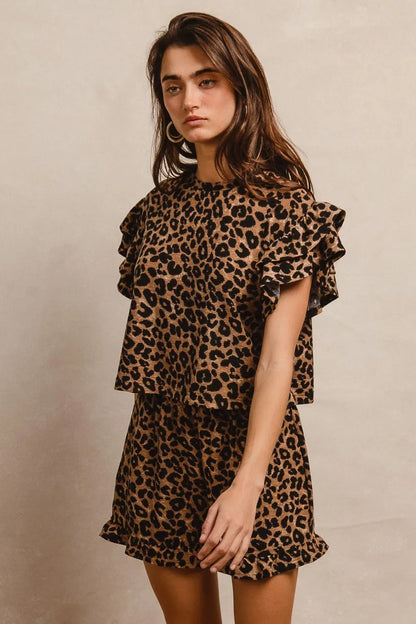 BiBi Leopard Print Waffle Texture Layered Ruffle Sleeve Top and Shorts Set - Tigbul's Variety Fashion Shop