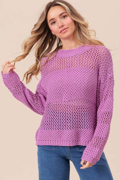 BiBi Openwork Long Sleeve Knit Top - Tigbul's Variety Fashion Shop