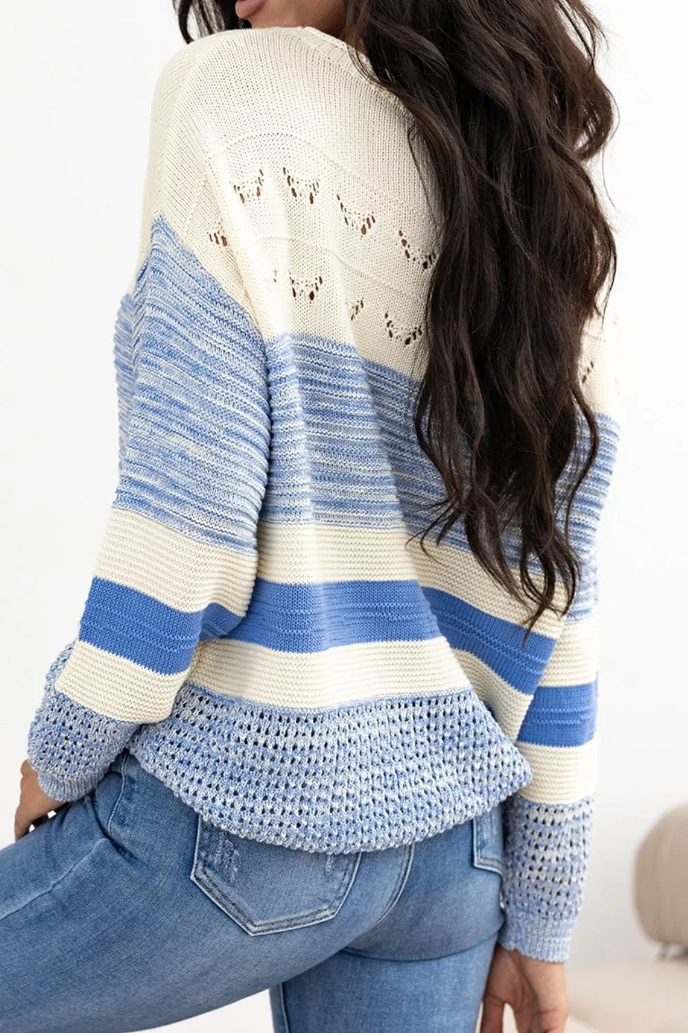 Openwork Striped Knit Long Sleeve Sweater - Tigbul's Variety Fashion Shop
