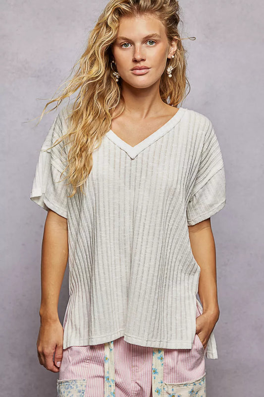 Off White Ribbed Knit V-Neck Short Sleeve T-Shirt - Tigbul's Variety Fashion Shop