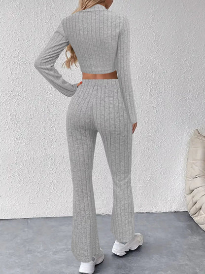 Ribbed Knit Crop Top and Flare Pants Set - Tigbul's Variety Fashion Shop