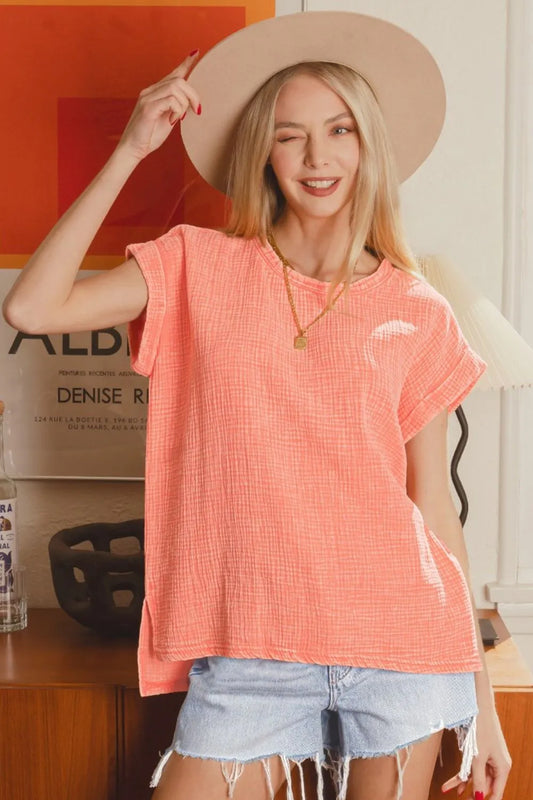 Zenana Woven Double Gauze Acid Washed Short Sleeve Top - Tigbul's Variety Fashion Shop