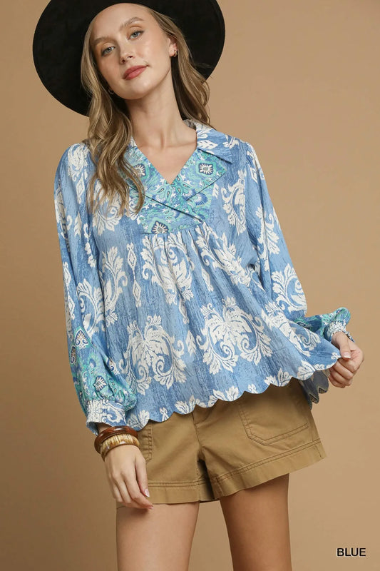Umgee Printed Long Sleeve Blouse - Tigbul's Variety Fashion Shop