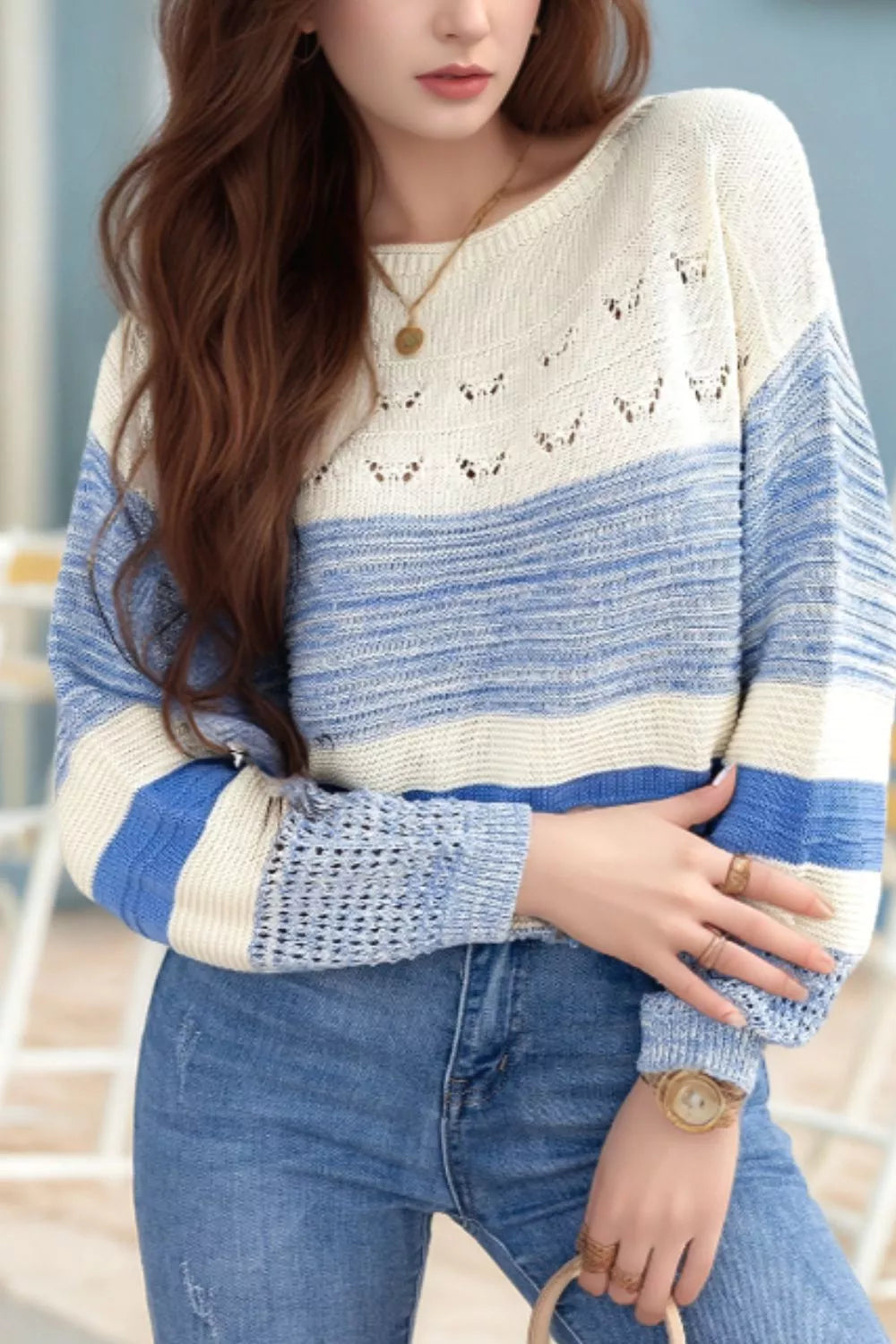 Openwork Striped Knit Long Sleeve Sweater - Tigbul's Variety Fashion Shop