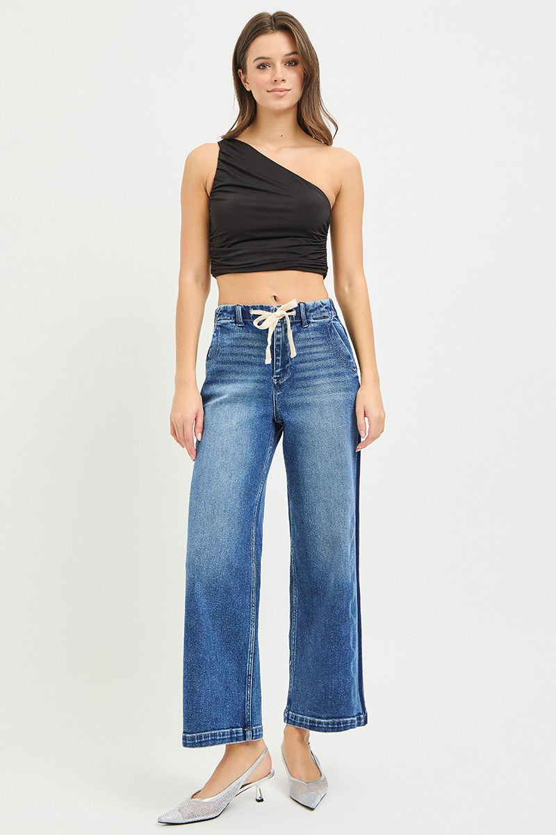 RISEN Elastic Band High Rise Cropped Wide Jeans - Tigbul's Variety Fashion Shop
